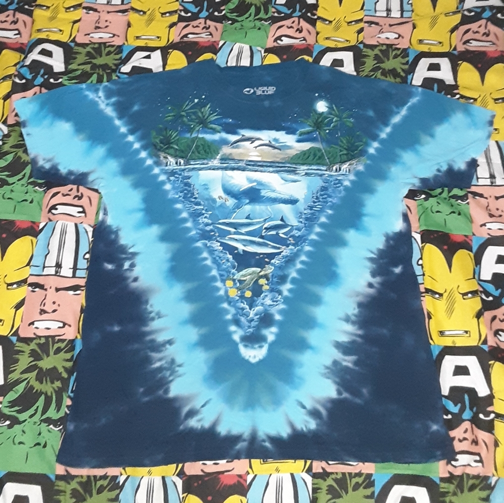 Y2K Liquid Blue Sea Life Vintage Tie Dye Shirt Tee